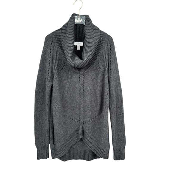 LOFT Charcoal Gray Wool Blend Open Knit Cowl Neck Asymmetrical Hem Sweater - Picture 7 of 11